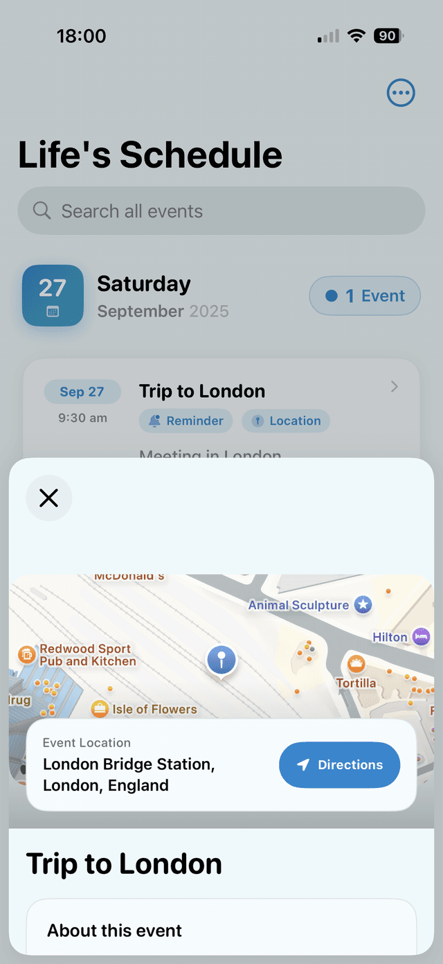 Life Lens iOS app screenshot: Events and milestones - Track birthdays and important dates, Receive gentle reminders, Plan ahead effortlessly