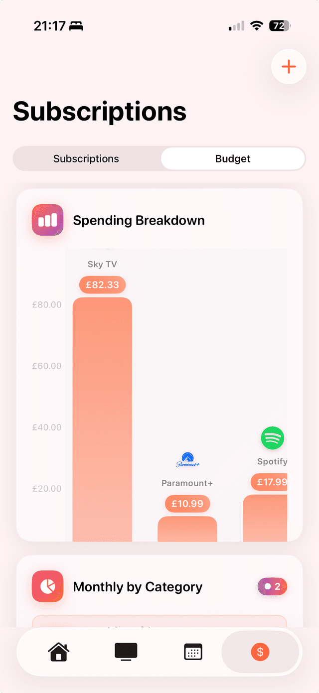 Life Lens iOS app screenshot: Subscriptions & recurring expenses - Keep tabs on paid services, Never miss a renewal, Simple overview of monthly costs